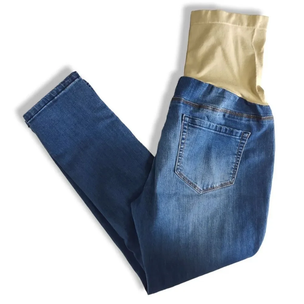 Bella‎ Vida Maternity Jeans Blue Distressed Floral Applique Pockets Full Elastic